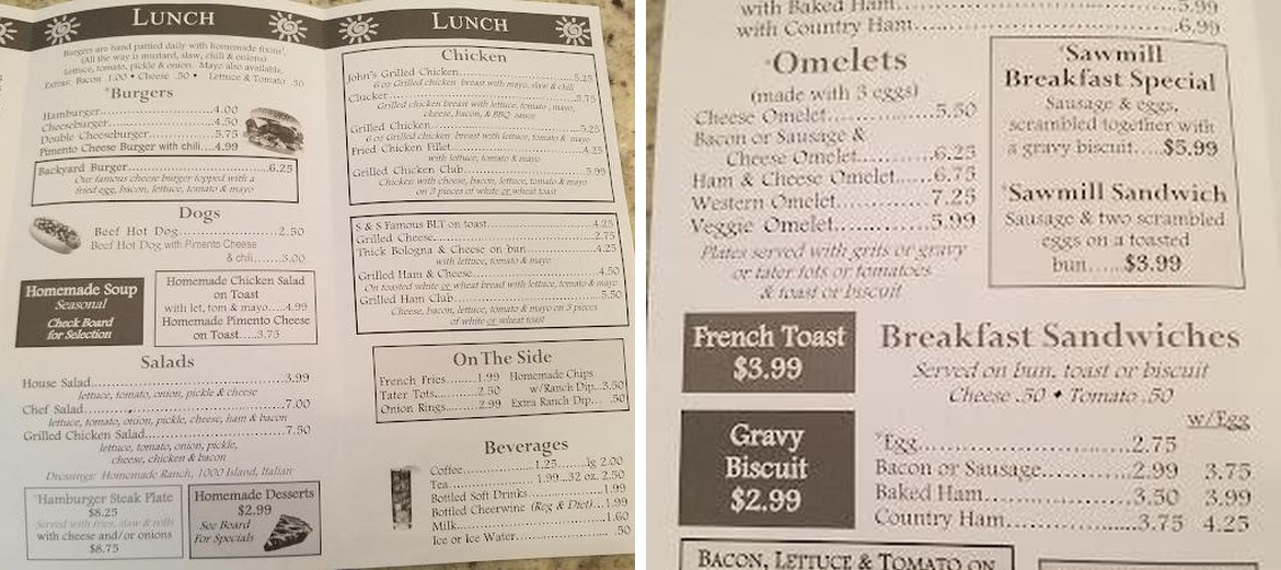 S & S Grill Menu